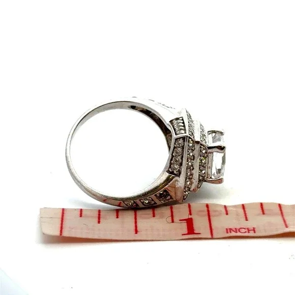 Designer 925 Sterling Silver Square Cubic Zirconia Three Tiered Engagement Ring